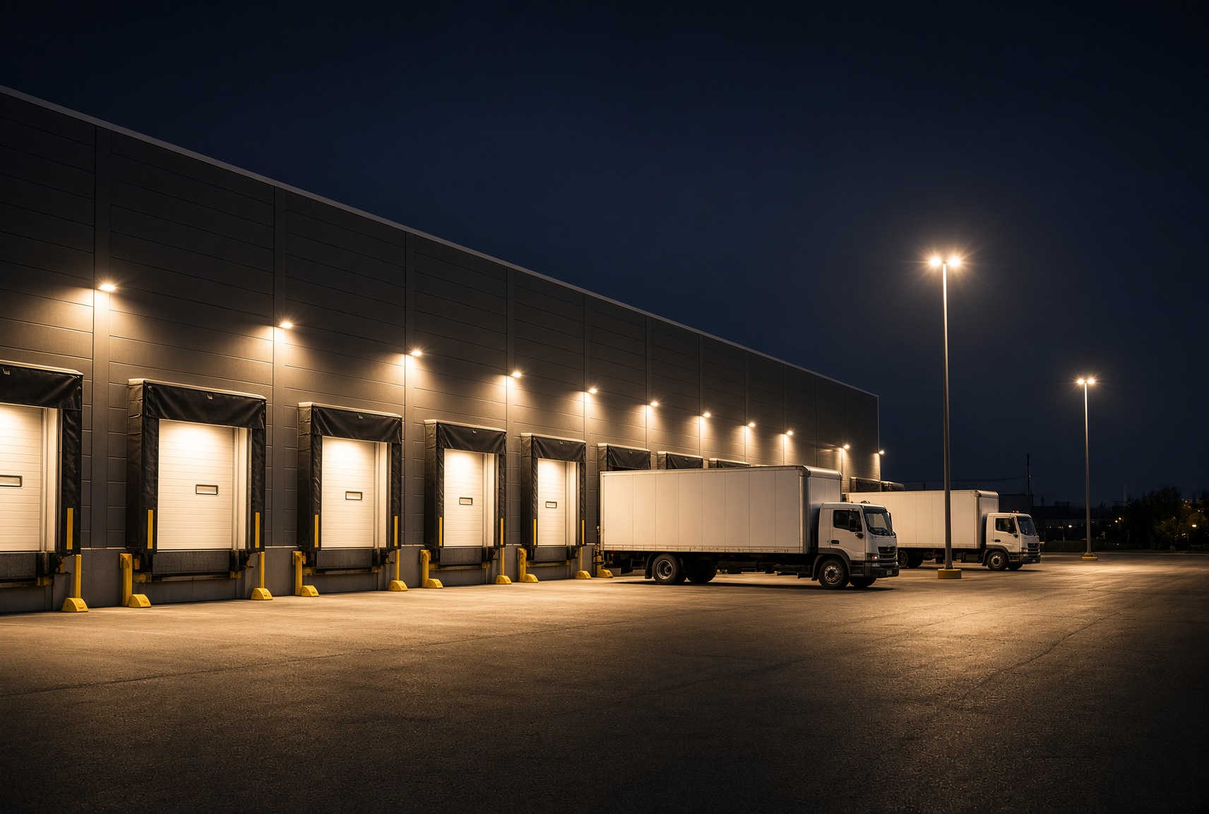 Same dock after a lighting retrofit, with brighter wall packs and pole lights