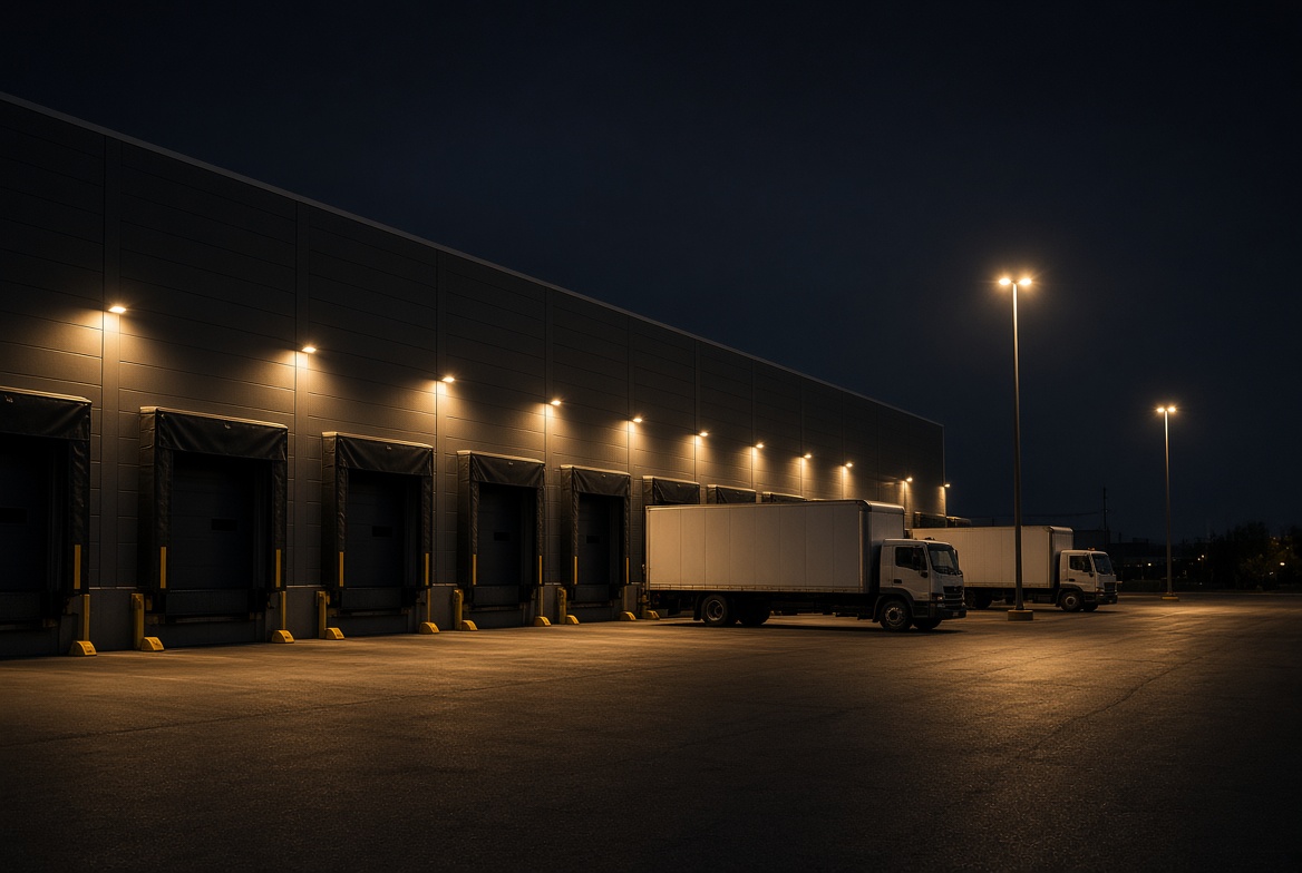 Dock at night before a lighting retrofit, with dim wall packs
